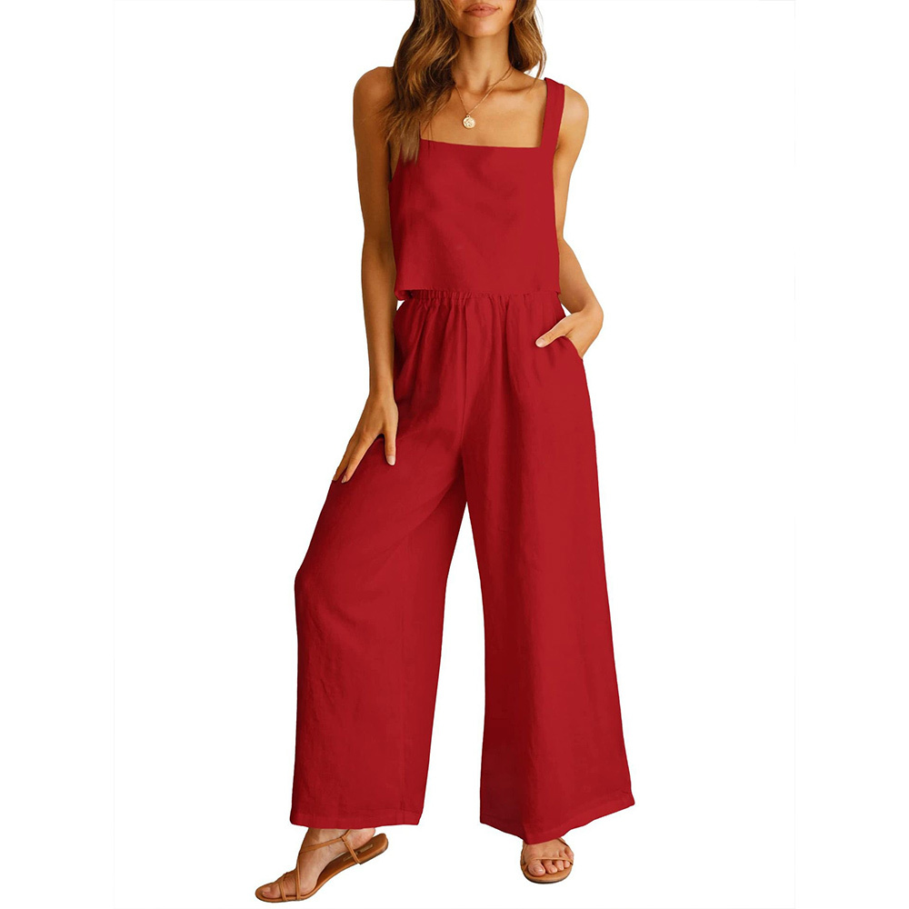 AHLSENTOP Damen-Hose aus reiner Baumwolle, ärmellos, Hosenträger, weites Bein, Sommer-Freizeitanzug