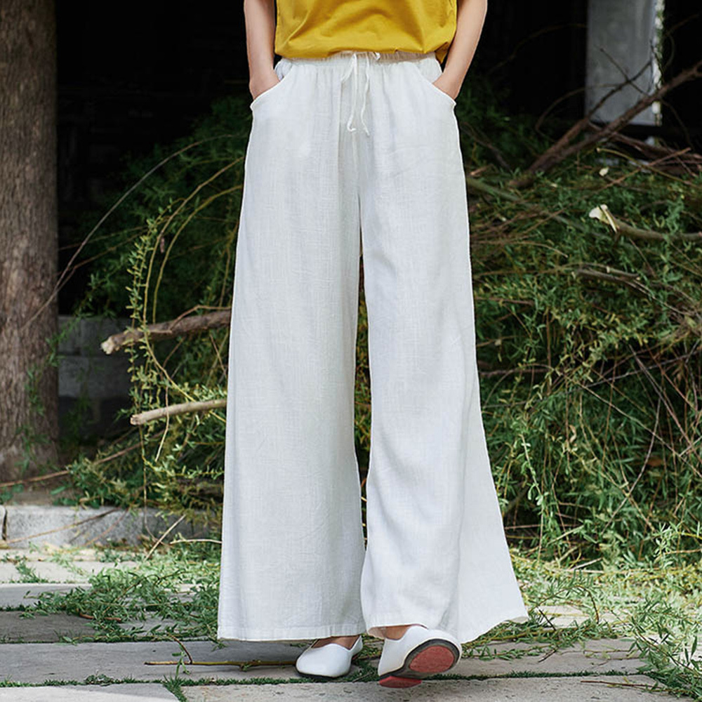 Ahlsentop™ Atmungsaktive Damenhose mit weitem Bein aus Baumwolle und Leinen für Frühling und Sommer mit Kordelzug