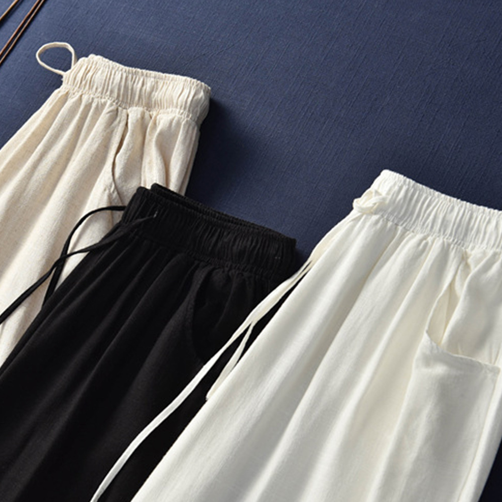 Ahlsentop™ Atmungsaktive Damenhose mit weitem Bein aus Baumwolle und Leinen für Frühling und Sommer mit Kordelzug