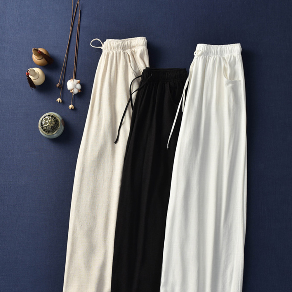 Ahlsentop™ Atmungsaktive Damenhose mit weitem Bein aus Baumwolle und Leinen für Frühling und Sommer mit Kordelzug