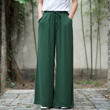 Ahlsentop™ Atmungsaktive Damenhose mit weitem Bein aus Baumwolle und Leinen für Frühling und Sommer mit Kordelzug