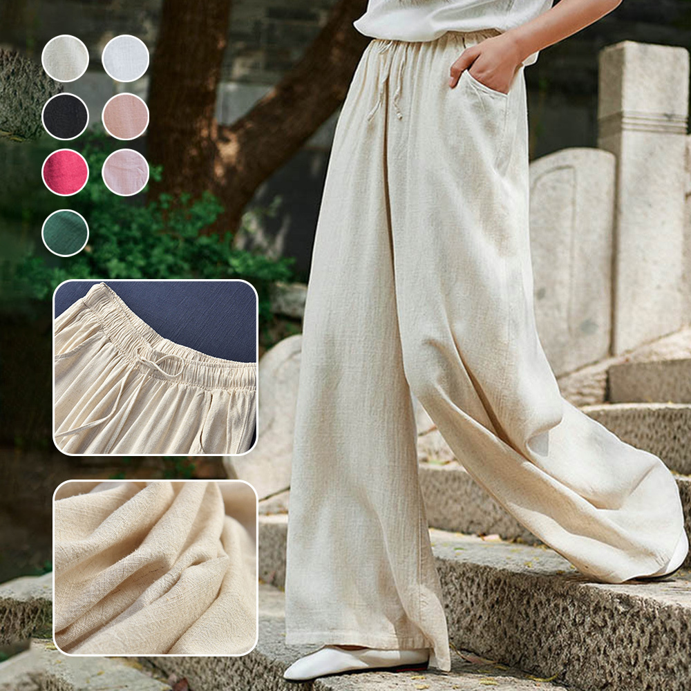 Ahlsentop™ Atmungsaktive Damenhose mit weitem Bein aus Baumwolle und Leinen für Frühling und Sommer mit Kordelzug