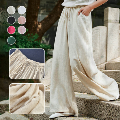 Ahlsentop™ Atmungsaktive Damenhose mit weitem Bein aus Baumwolle und Leinen für Frühling und Sommer mit Kordelzug