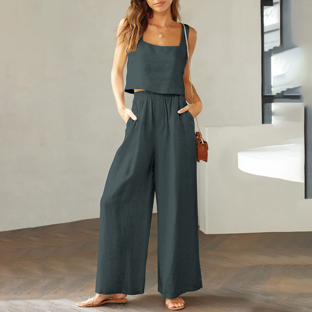 AHLSENTOP Damen-Hose aus reiner Baumwolle, ärmellos, Hosenträger, weites Bein, Sommer-Freizeitanzug