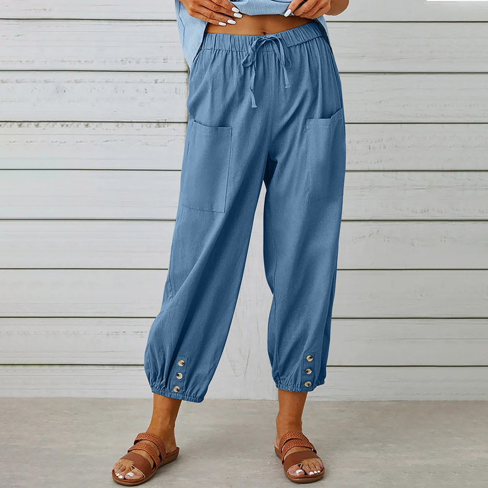AHLSENTOP™ Geknöpfte Damenhose mit weitem Bein aus Baumwolle und Leinen