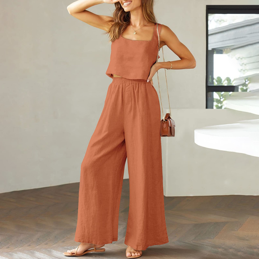 AHLSENTOP Damen-Hose aus reiner Baumwolle, ärmellos, Hosenträger, weites Bein, Sommer-Freizeitanzug