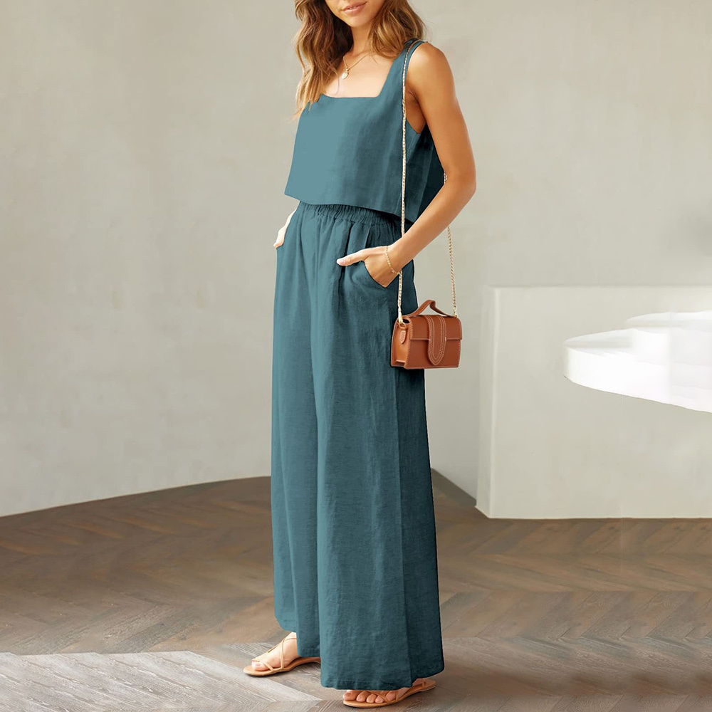 AHLSENTOP Damen-Hose aus reiner Baumwolle, ärmellos, Hosenträger, weites Bein, Sommer-Freizeitanzug