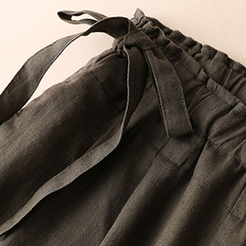 AHLSENTOP Neue hoch taillierte Damenhose mit weitem Bein aus Baumwolle und Leinen mit seitlichem Bindeband