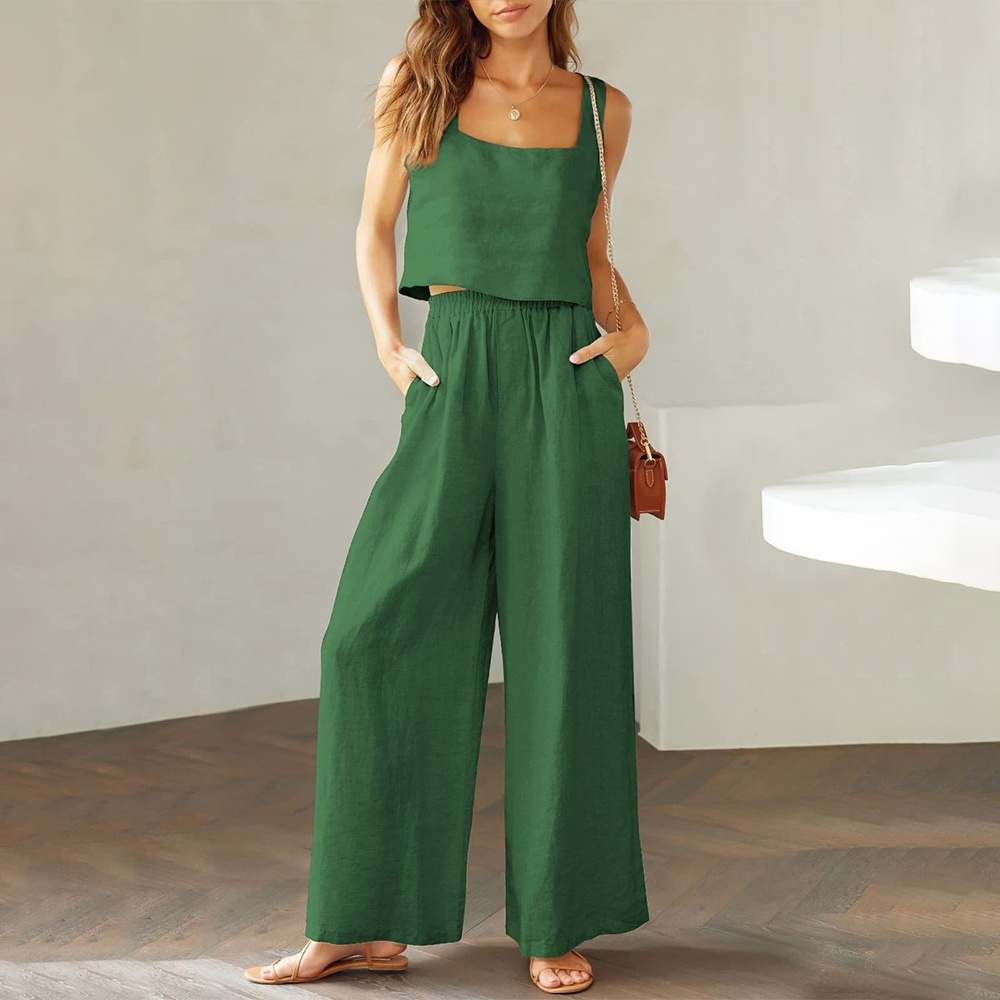 AHLSENTOP Damen-Hose aus reiner Baumwolle, ärmellos, Hosenträger, weites Bein, Sommer-Freizeitanzug