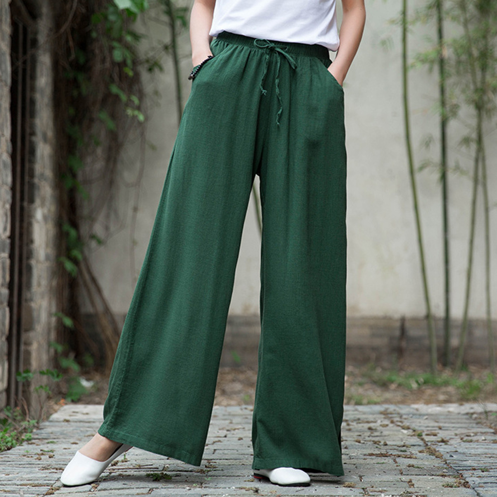 Ahlsentop™ Atmungsaktive Damenhose mit weitem Bein aus Baumwolle und Leinen für Frühling und Sommer mit Kordelzug