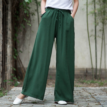 Ahlsentop™ Atmungsaktive Damenhose mit weitem Bein aus Baumwolle und Leinen für Frühling und Sommer mit Kordelzug