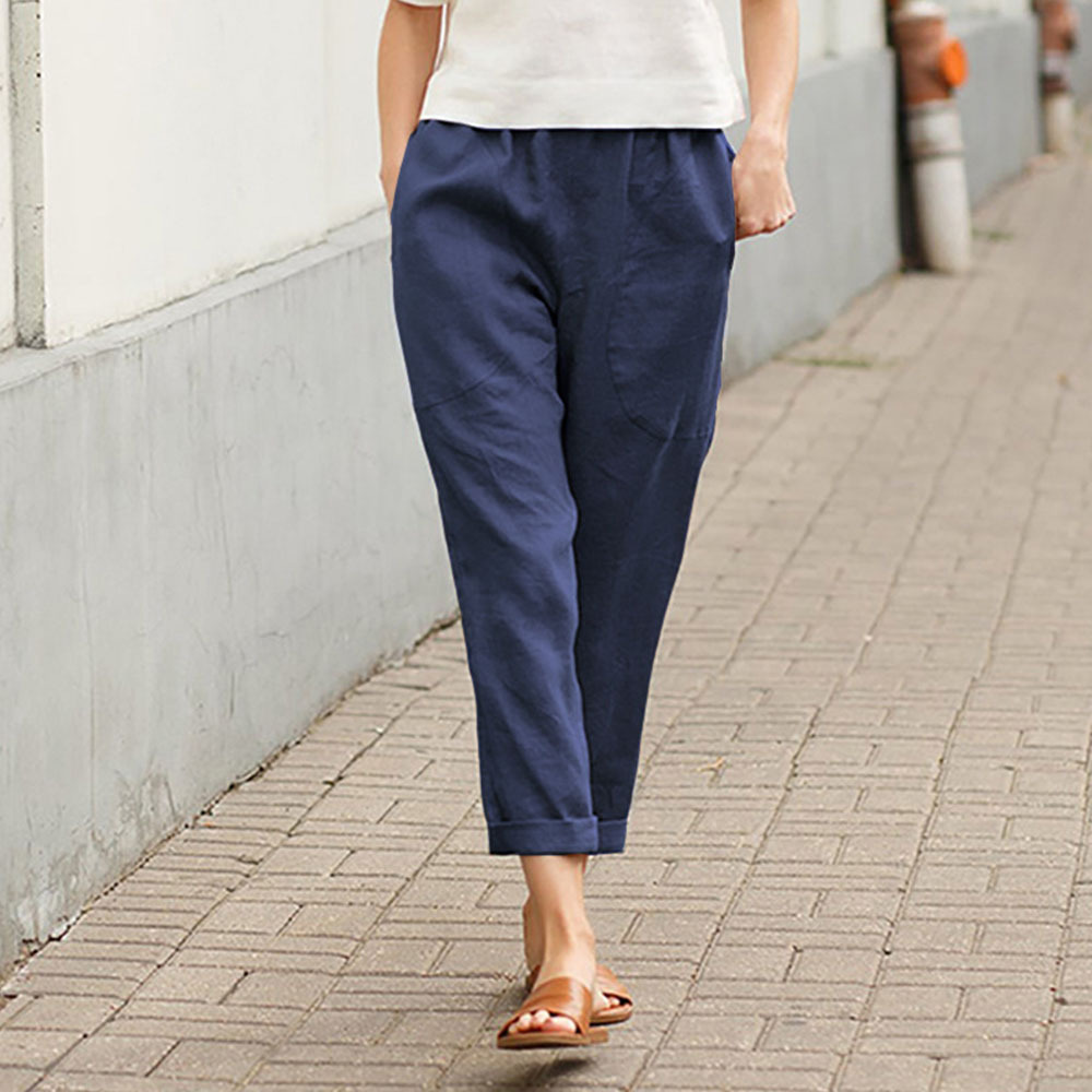 Ahlsentop™ Einfarbige, gerade Hose für Damen aus Baumwolle und Leinen mit Taschen