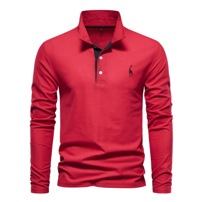 Ahlsentop™ Neues Poloshirt mit Rehkitz-Stickerei, langärmliges Herren-Poloshirt aus Brustgewebe