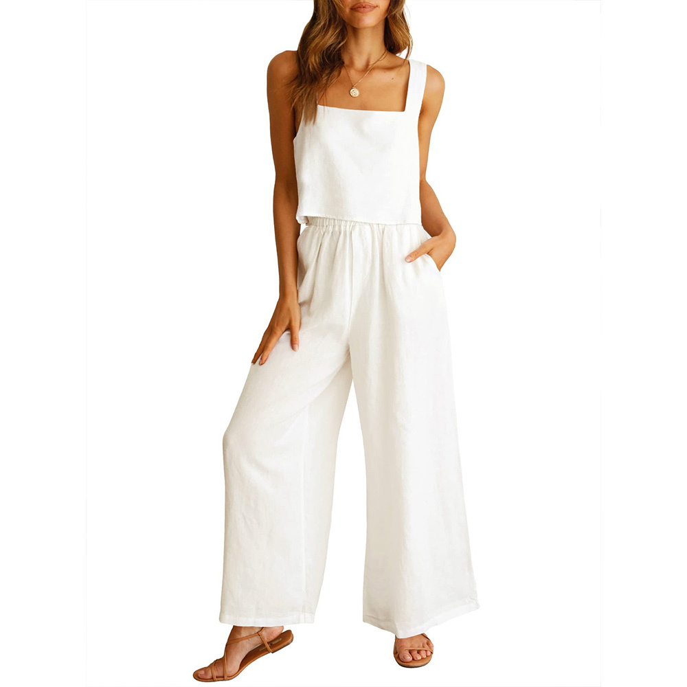 AHLSENTOP Damen-Hose aus reiner Baumwolle, ärmellos, Hosenträger, weites Bein, Sommer-Freizeitanzug