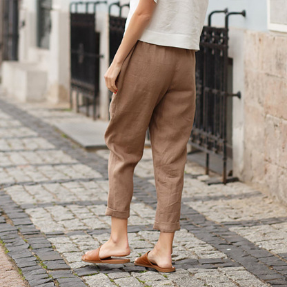 Ahlsentop™ Einfarbige, gerade Hose für Damen aus Baumwolle und Leinen mit Taschen