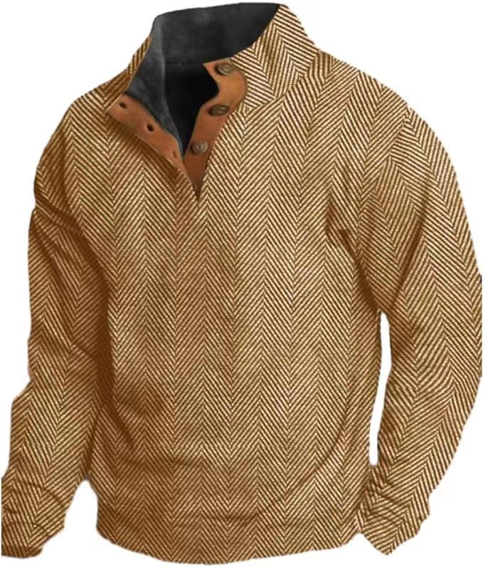 Herren Western Vintage Fischgrätenmuster Design Stehkragen Knopf-Down Sweatshirt