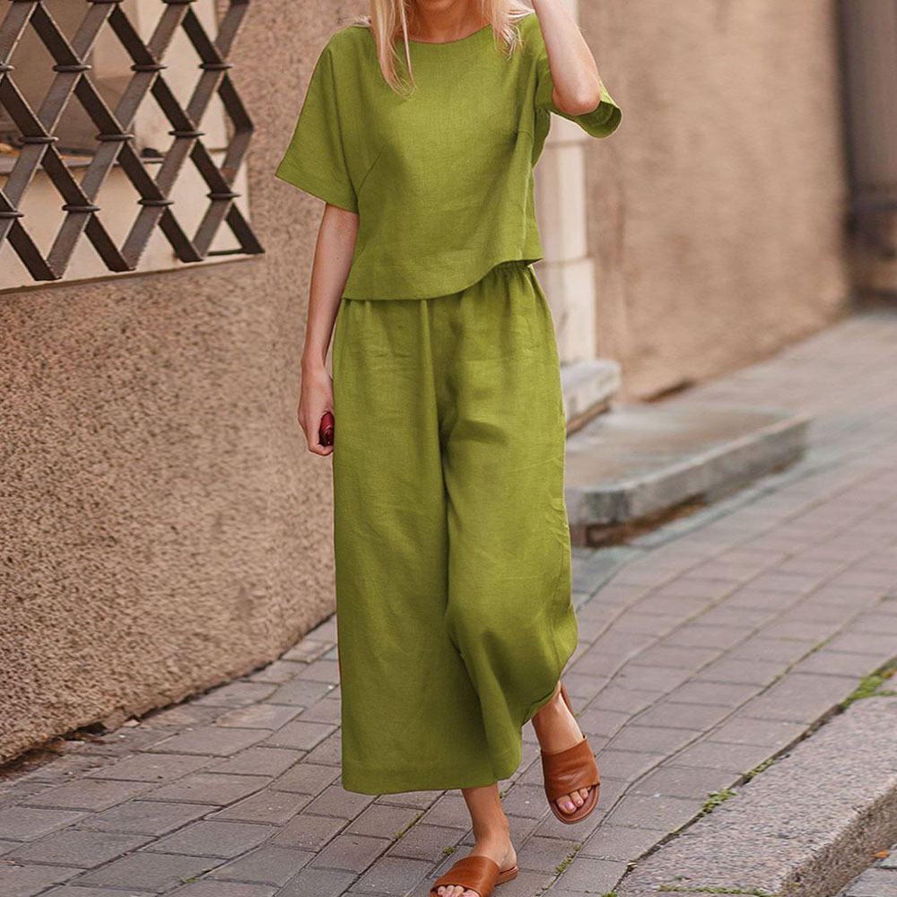 Ahlsentop™ Damen-Leinenanzug mit kurzen Ärmeln und Hose, zweiteiliges Set