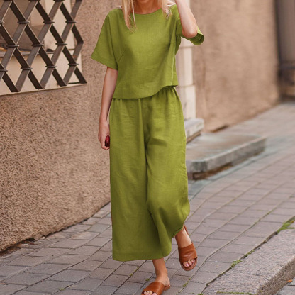 Ahlsentop™ Damen-Leinenanzug mit kurzen Ärmeln und Hose, zweiteiliges Set