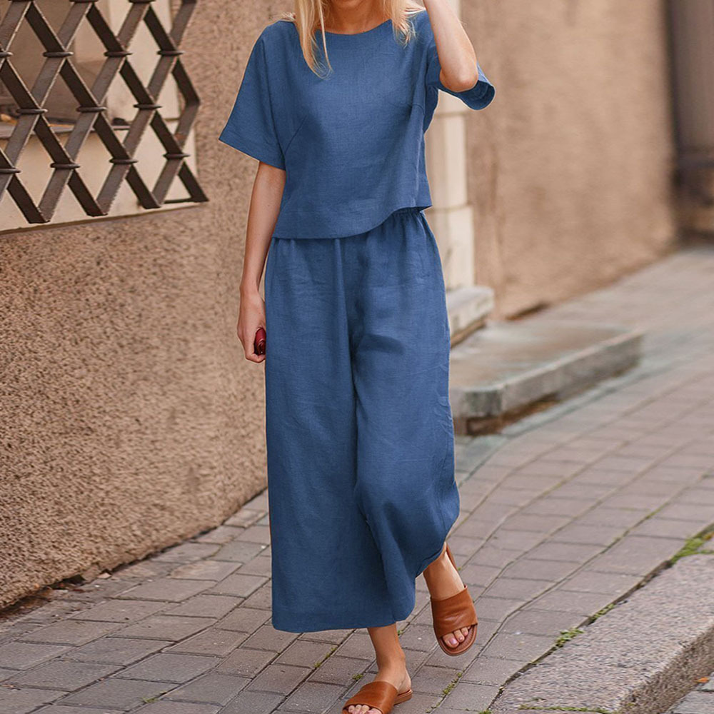 Ahlsentop™ Damen-Leinenanzug mit kurzen Ärmeln und Hose, zweiteiliges Set