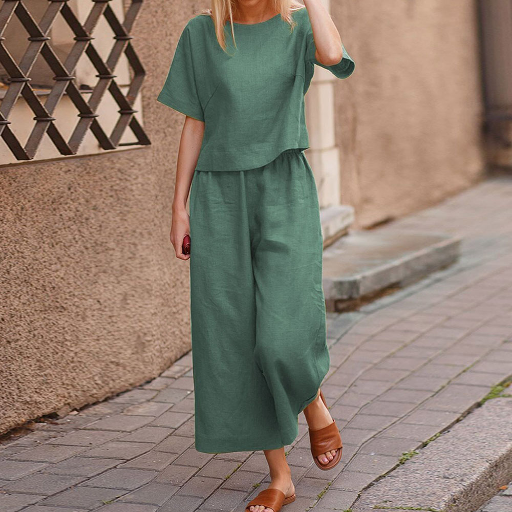 Ahlsentop™ Damen-Leinenanzug mit kurzen Ärmeln und Hose, zweiteiliges Set
