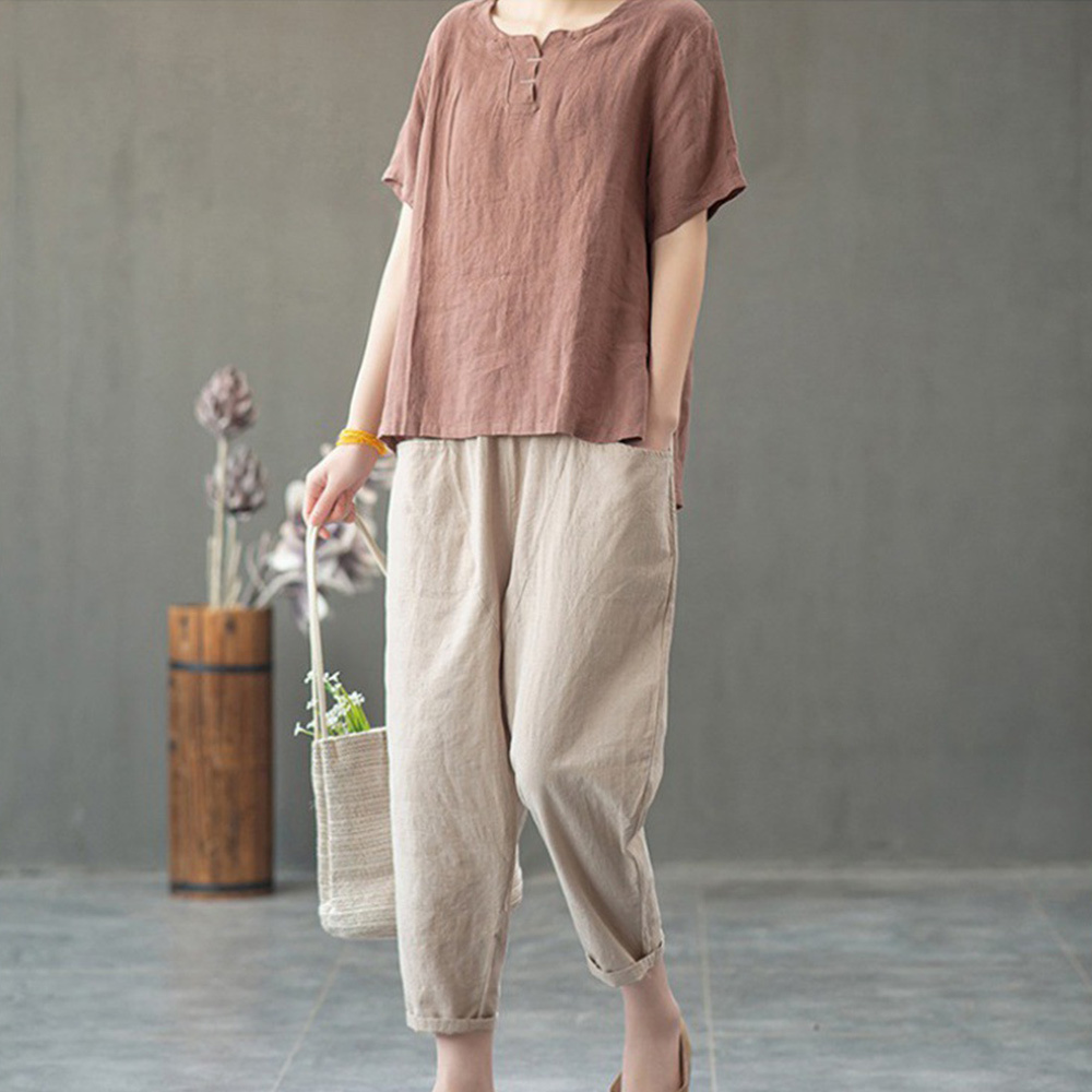 AHLSENTOP Neues Sommer-Zweiteiler-Set für Damen aus Baumwolle und Leinen (kurze Ärmel + Hose)