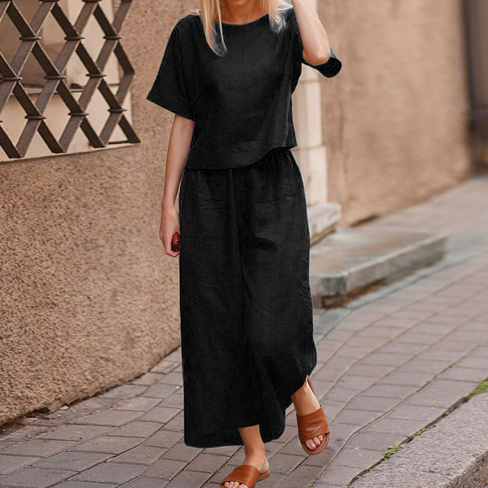 Ahlsentop™ Damen-Leinenanzug mit kurzen Ärmeln und Hose, zweiteiliges Set