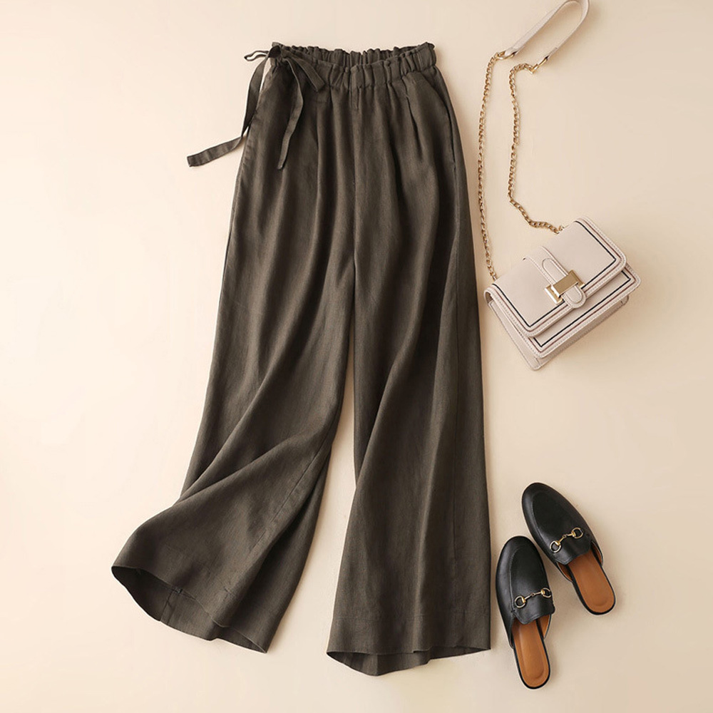 AHLSENTOP Neue hoch taillierte Damenhose mit weitem Bein aus Baumwolle und Leinen mit seitlichem Bindeband