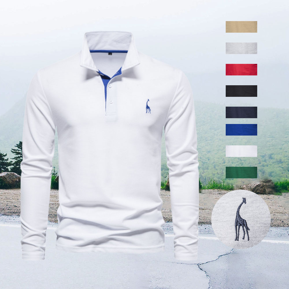 Ahlsentop™ Neues Poloshirt mit Rehkitz-Stickerei, langärmliges Herren-Poloshirt aus Brustgewebe