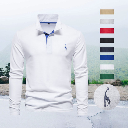 Ahlsentop™ Neues Poloshirt mit Rehkitz-Stickerei, langärmliges Herren-Poloshirt aus Brustgewebe