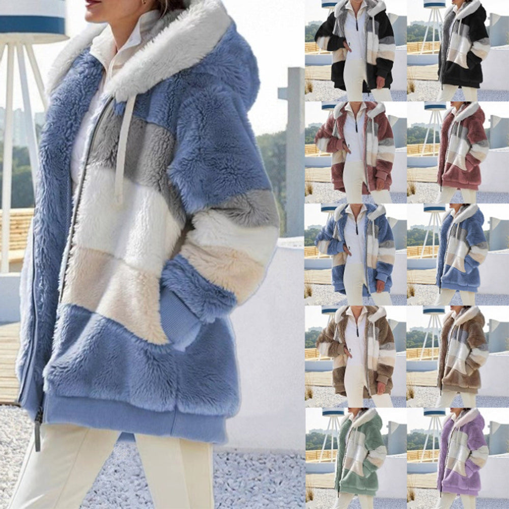 Temude Lose Damen-Thermojacke mit Farbblock-Kapuze aus Plüsch