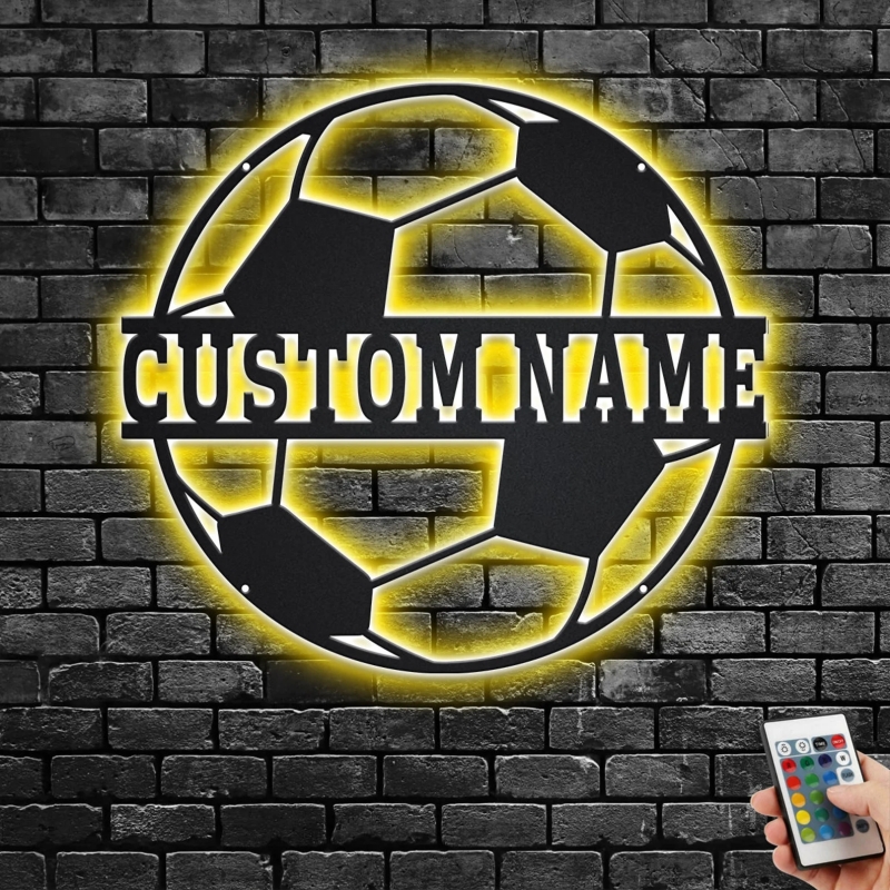 Personalized Soccer Ball Metal Wall Art LED Light