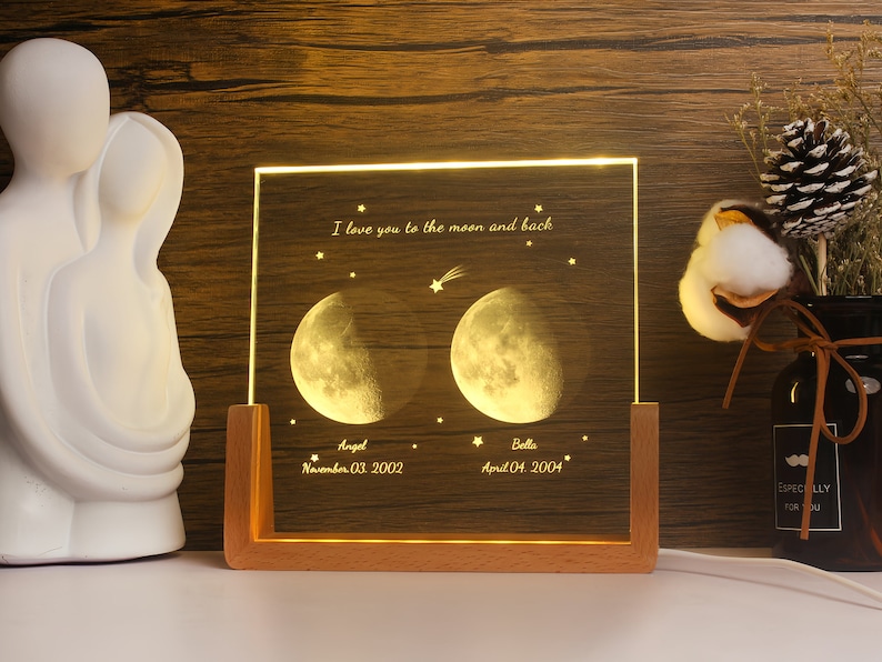 Personalized Moon Phase Crystal Lamp,Custom Moon Crystal Nightlight,The Night We Met Anniversary Gift,The Day You Were Born, Gift for Couples