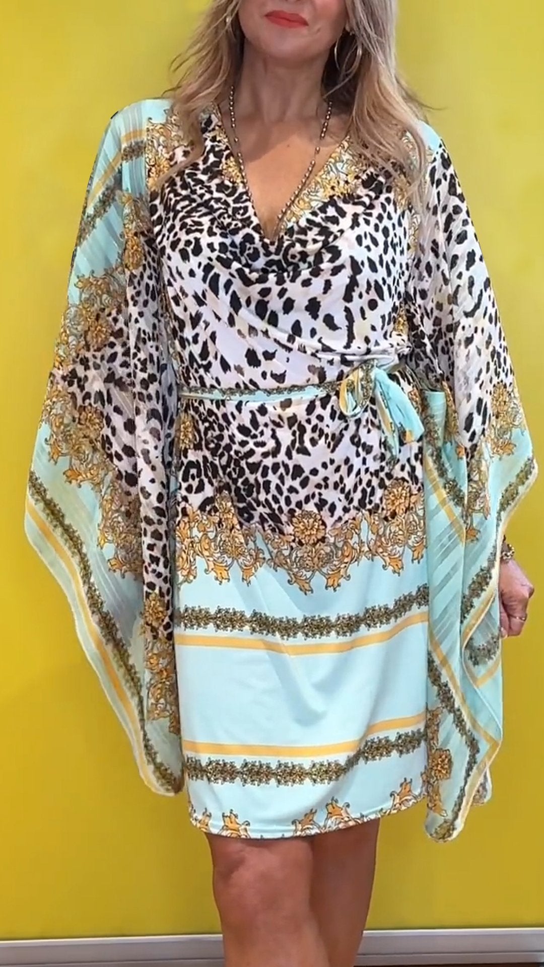 Leopard Print V-neck Mid-sleeve Casual Dress
