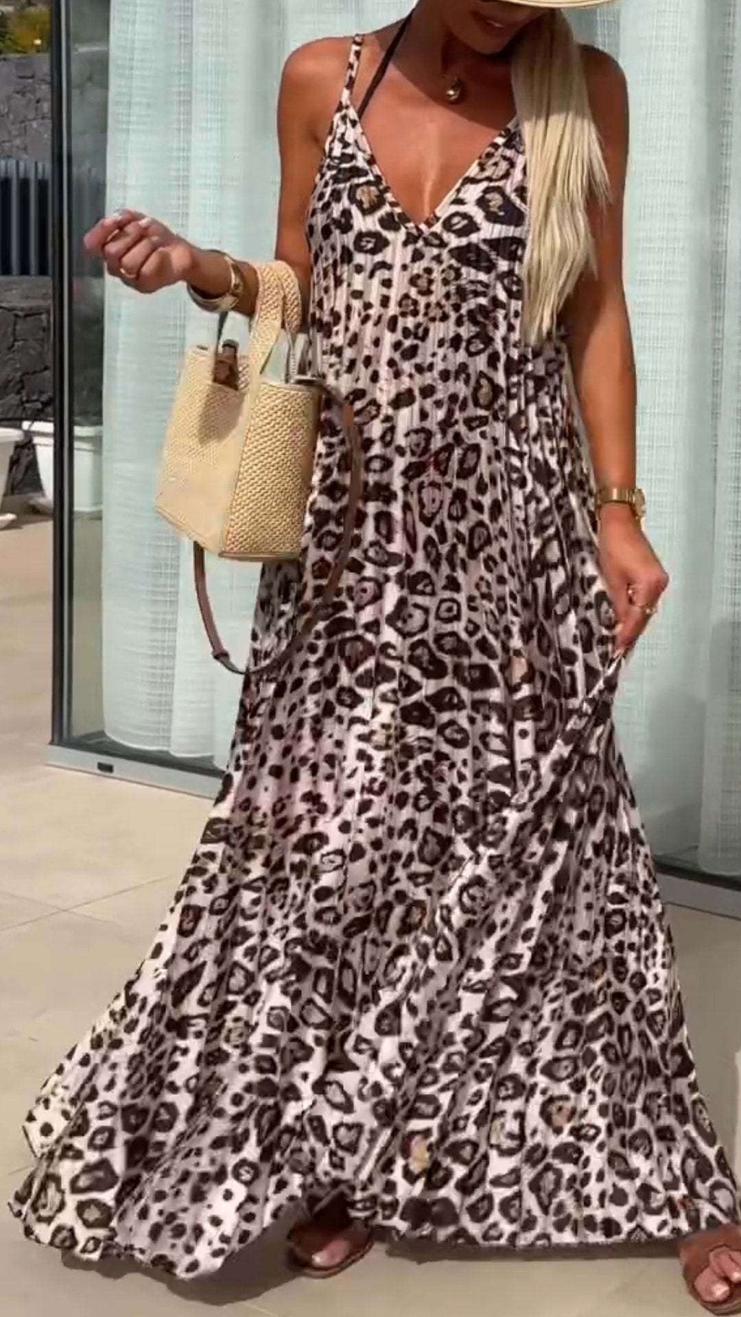 V-neck Leopard Print Suspender Pleated Dress