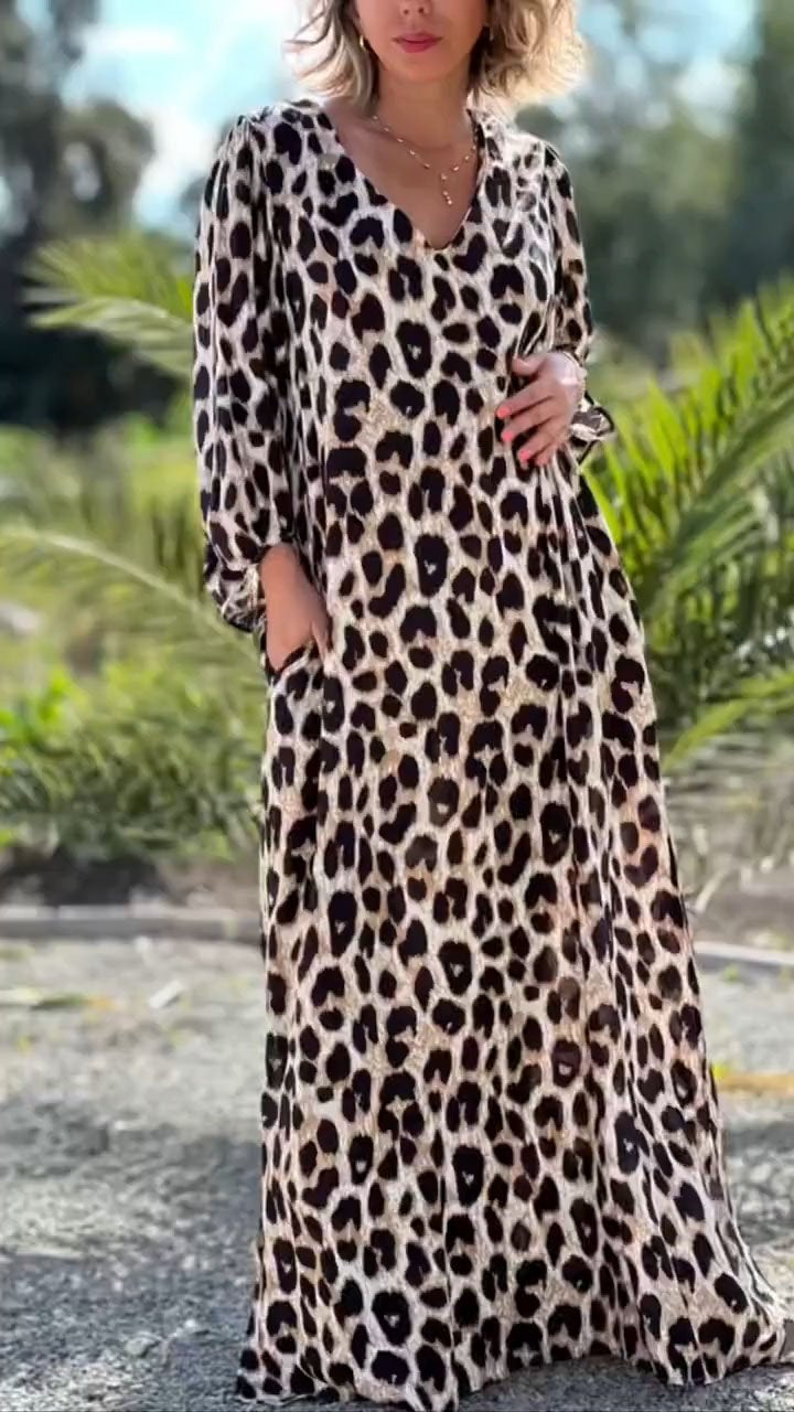 V-neck Print Leopard Print Dress