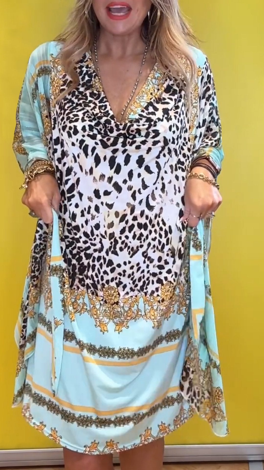 Leopard Print V-neck Mid-sleeve Casual Dress