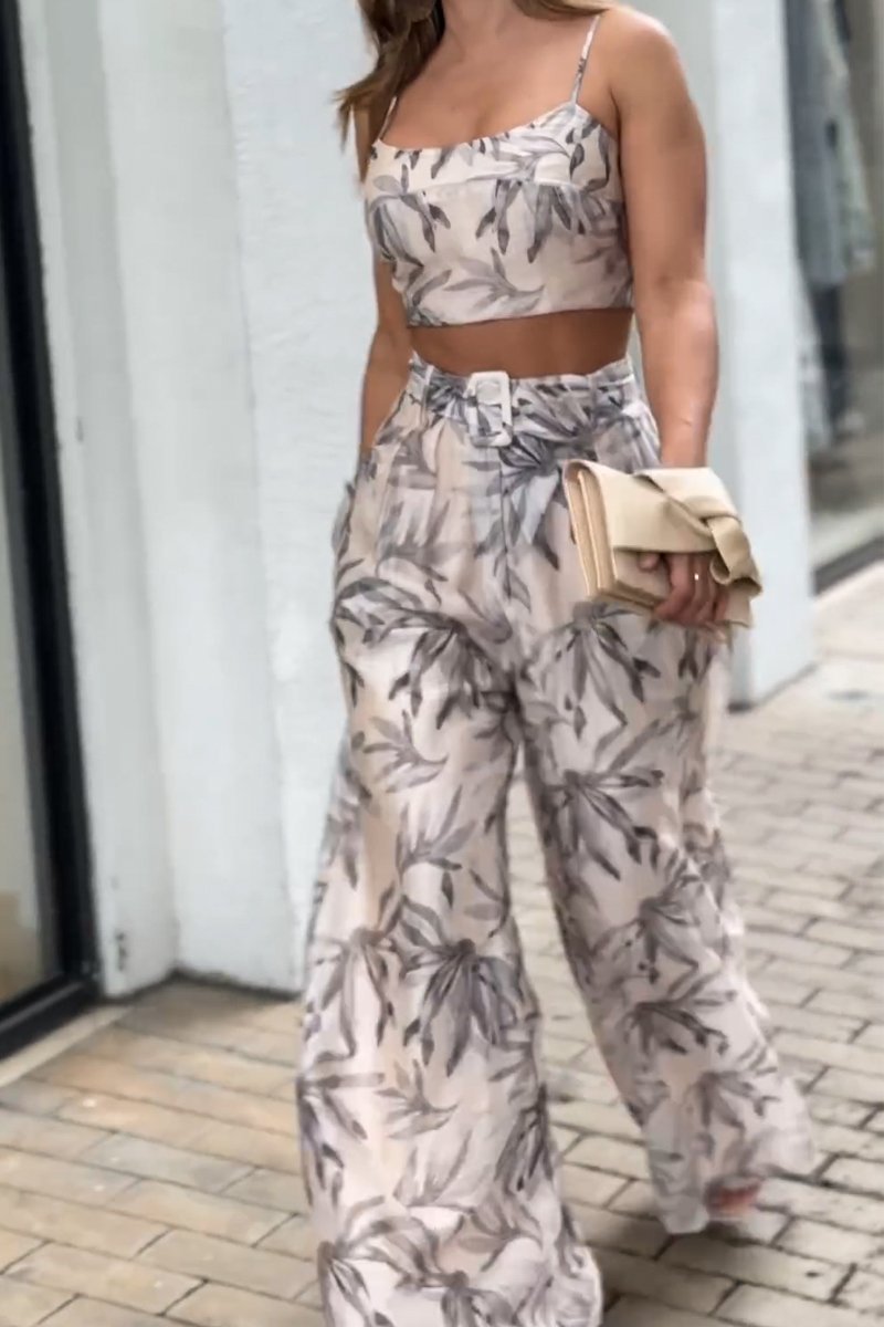 Women's casual commuting camisole wide leg pants printed suit