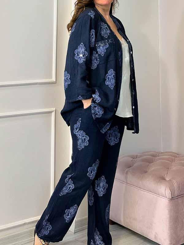 Women's Round-neck Single-breasted Printed Suit