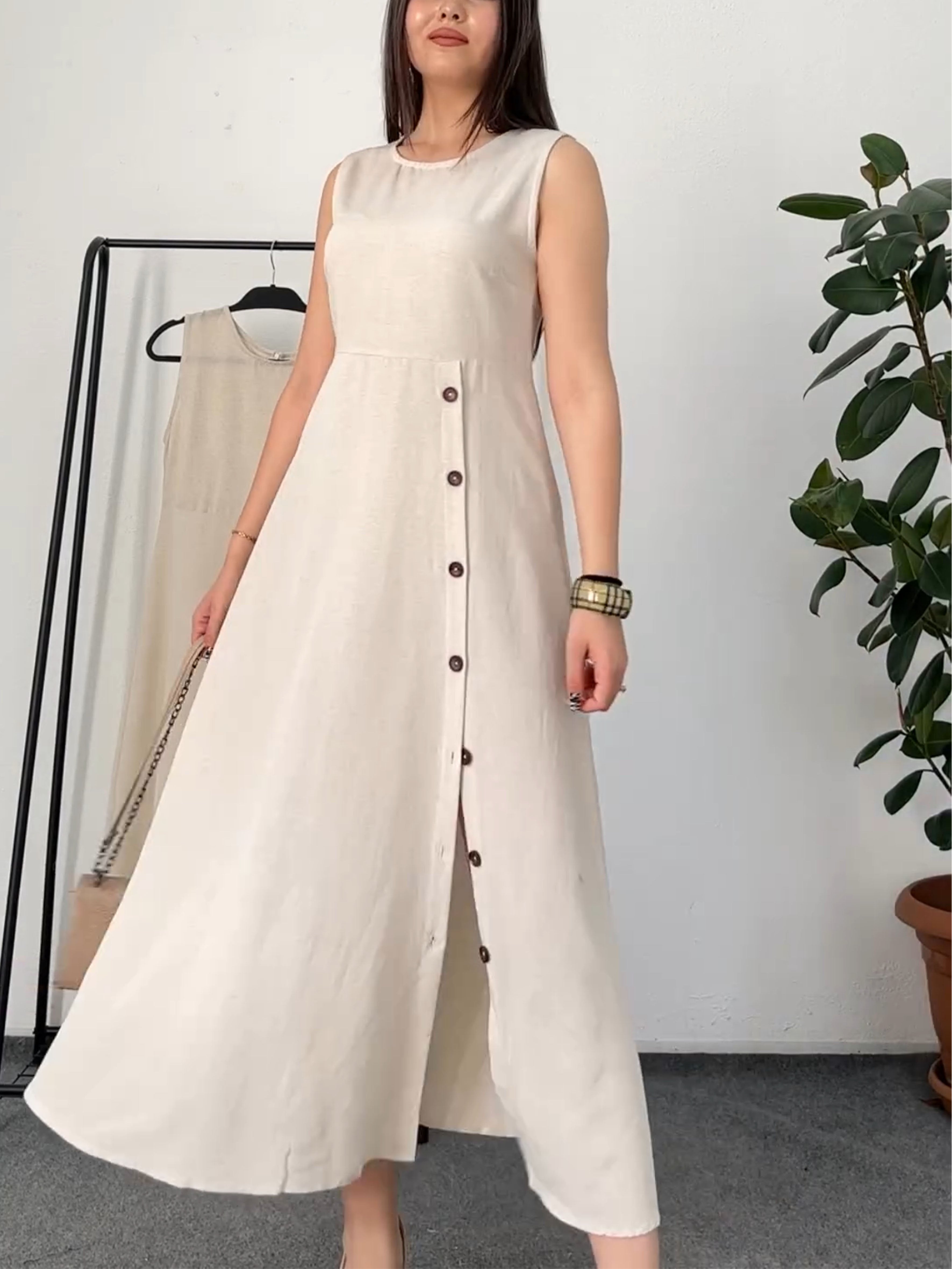 Irregular Buttoned Sleeveless Cotton and Linen Dress