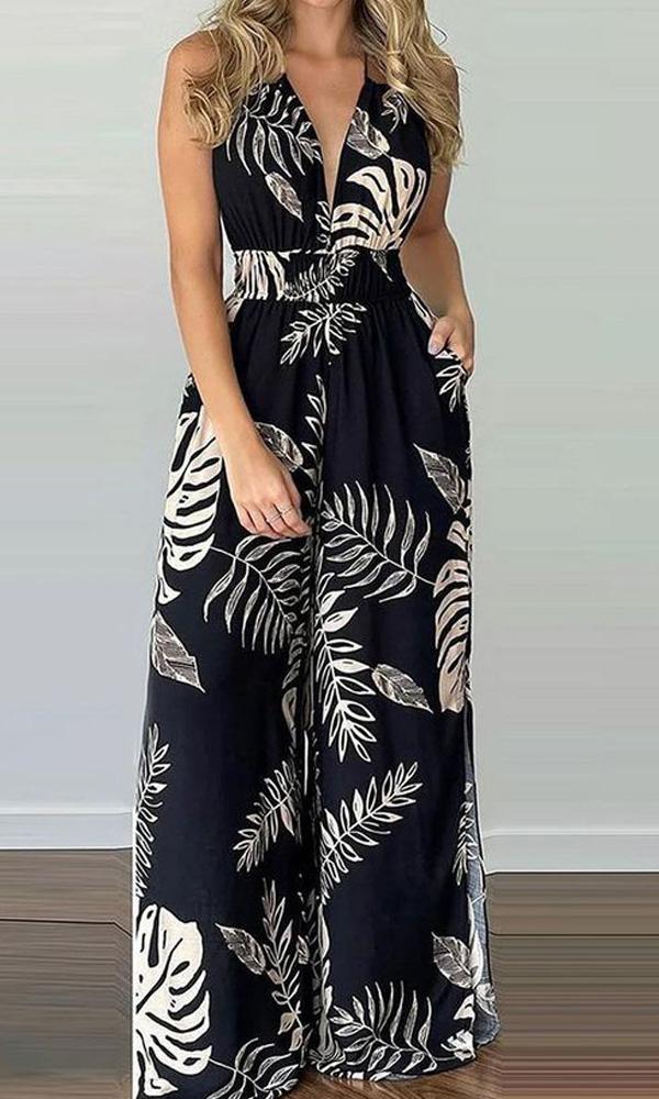 Casual And Comfortable V-Neck Printed Jumpsuit