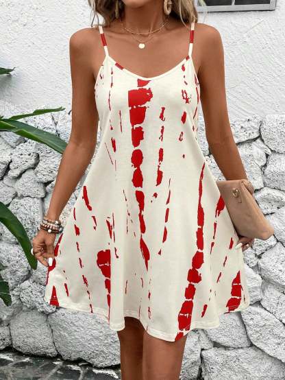 Women Suspender Print Dress