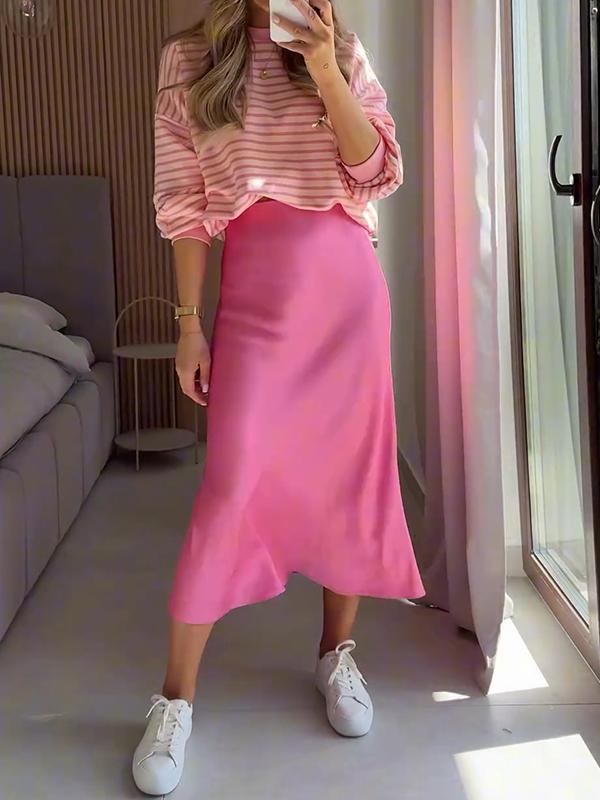 Casual Striped Top and Satin Skirt Two-piece Suit