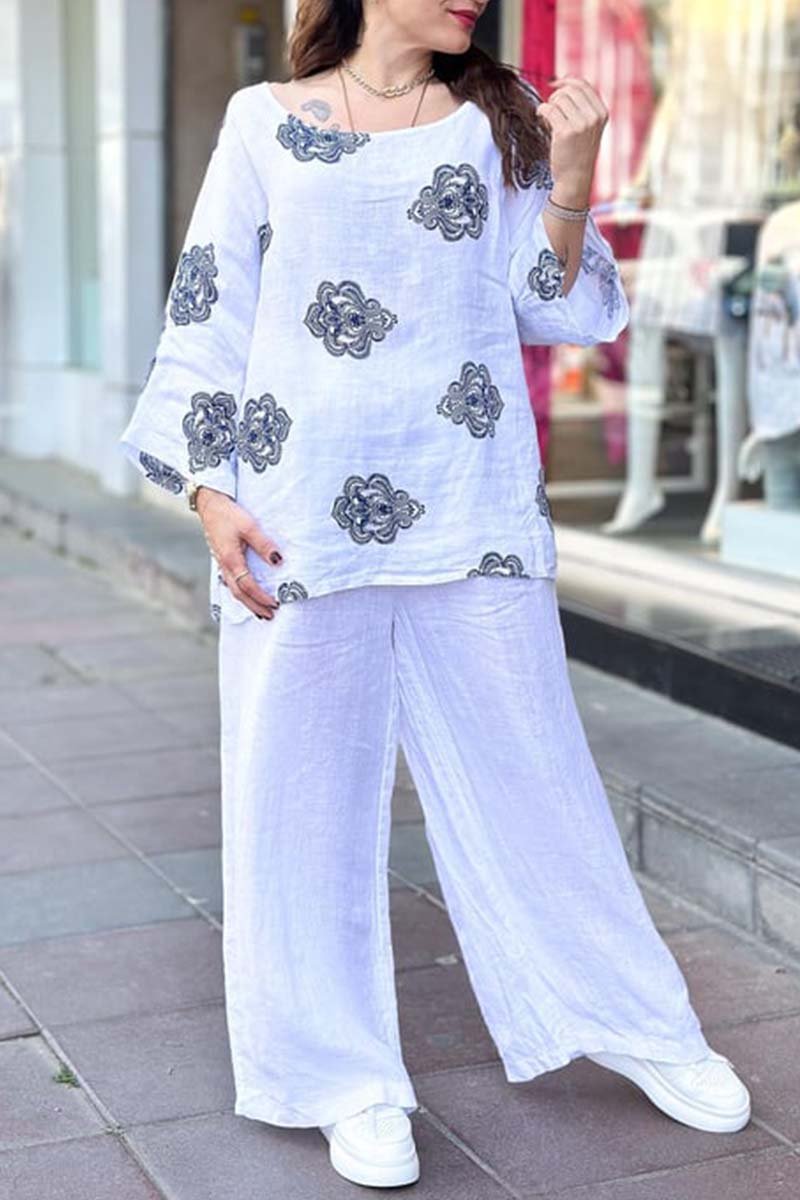 Women's casual printed cotton and linen top  pants set