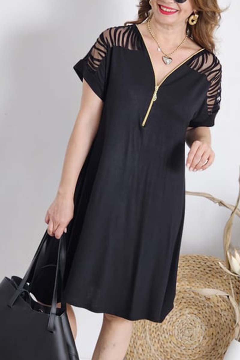 Elegant V-neck mesh patchwork cuff dress