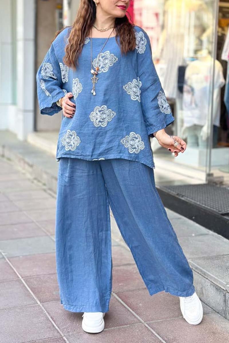 Women's casual printed cotton and linen top  pants set