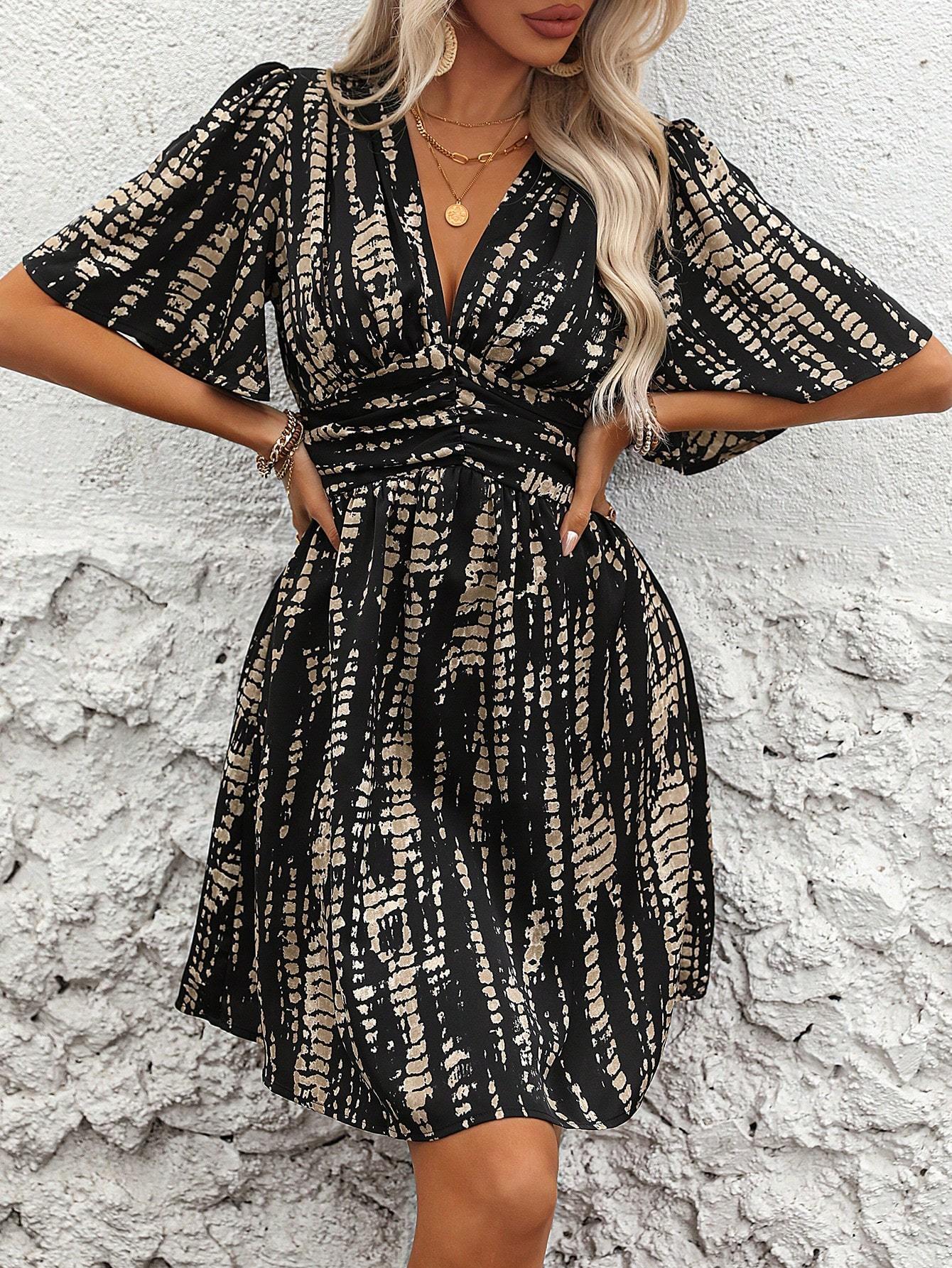 Tie-Dye Flutter Sleeve Waist Ruffle Midi Dress