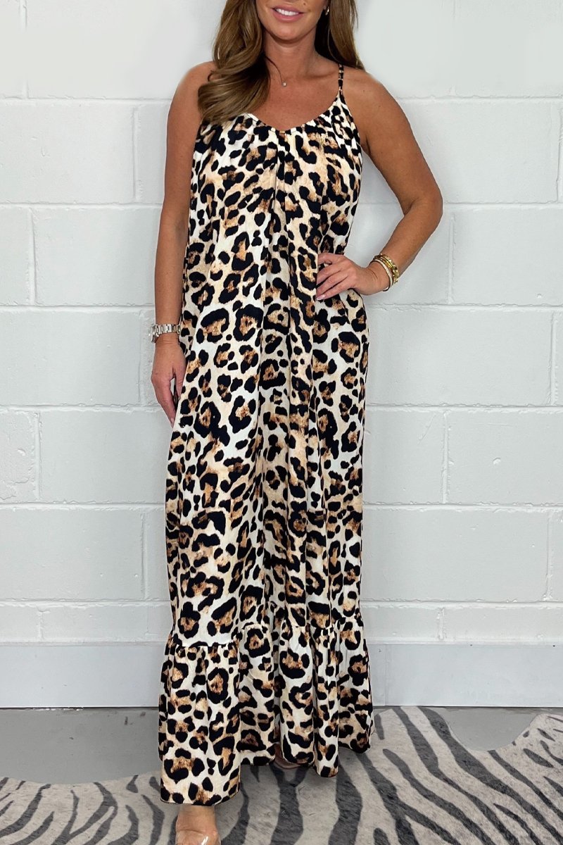 Leopard Print Spaghetti Strap Maxi Dress