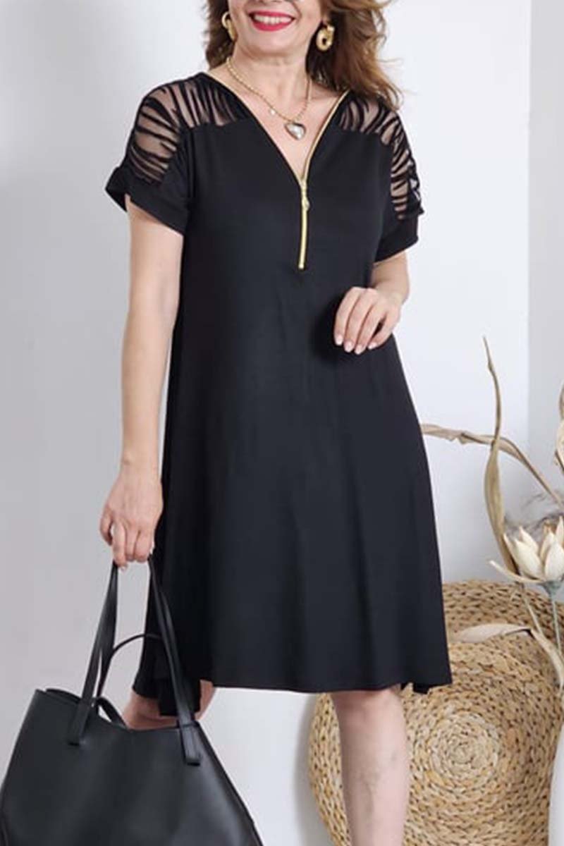 Elegant V-neck mesh patchwork cuff dress