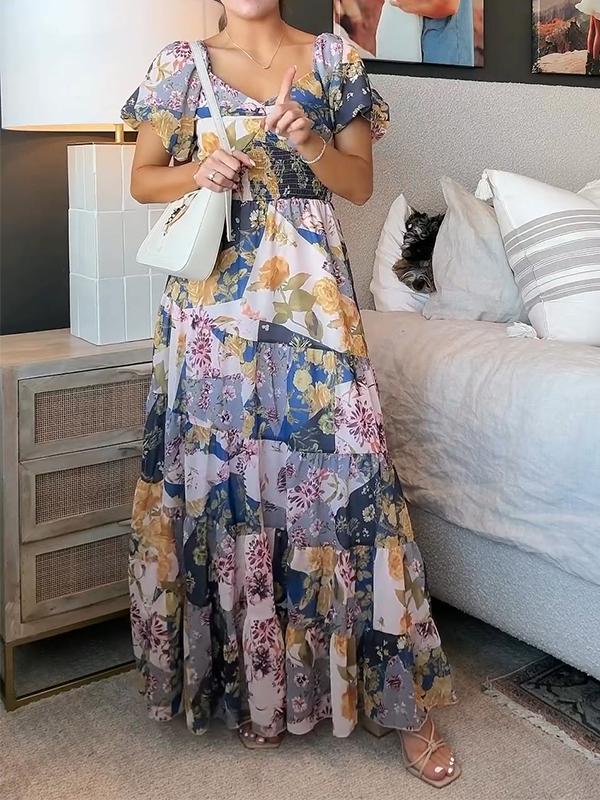 Casual V-neck Puff Sleeve Printed Dress