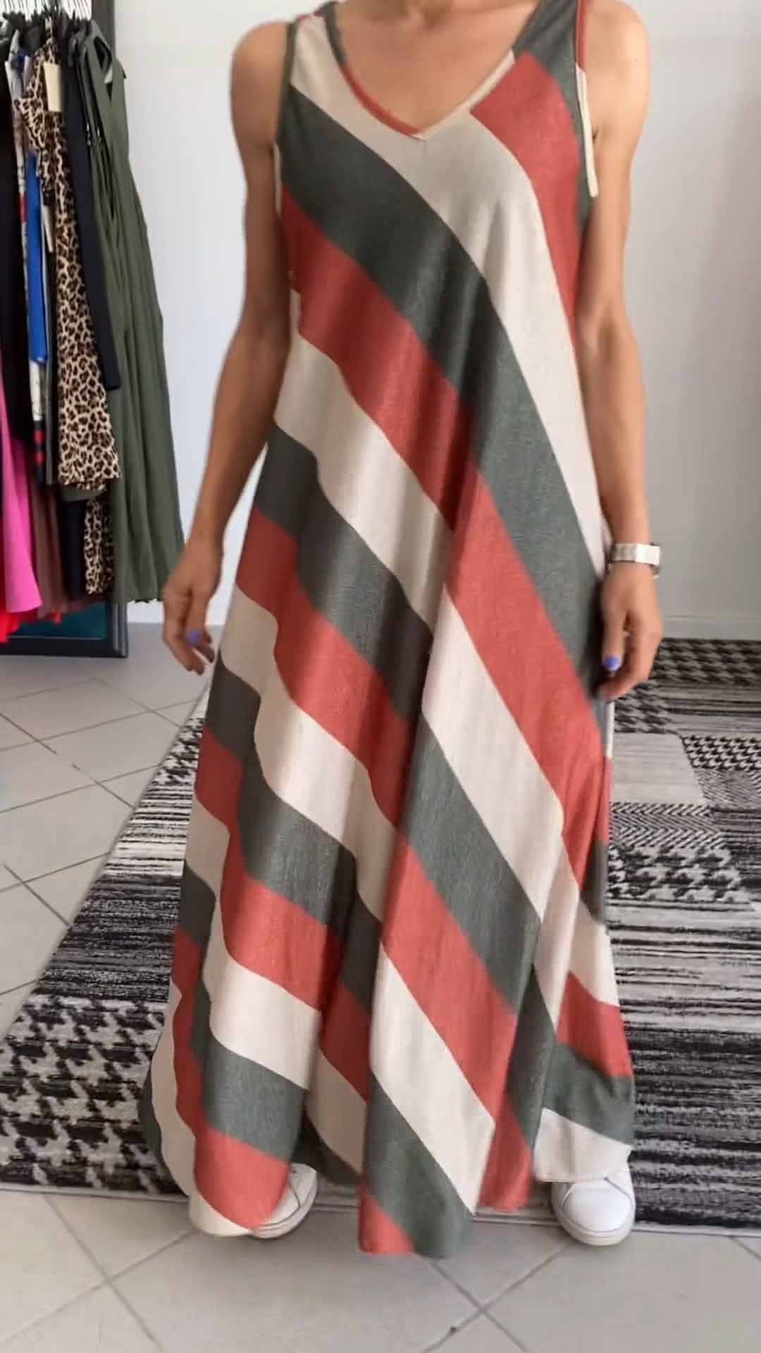 Women's V-neck Striped Sleeveless Dress